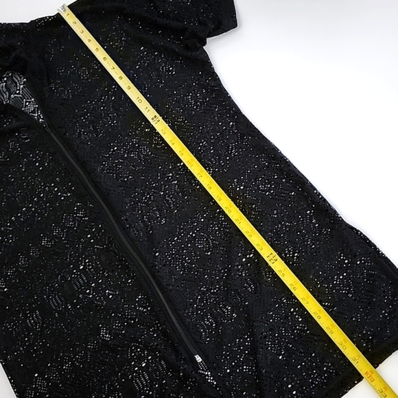 Beach Pool Cover-Up  Black Crochet Dress Hoodie Full Zip Up Short Sleeves Sz S/M - Picture 10 of 12